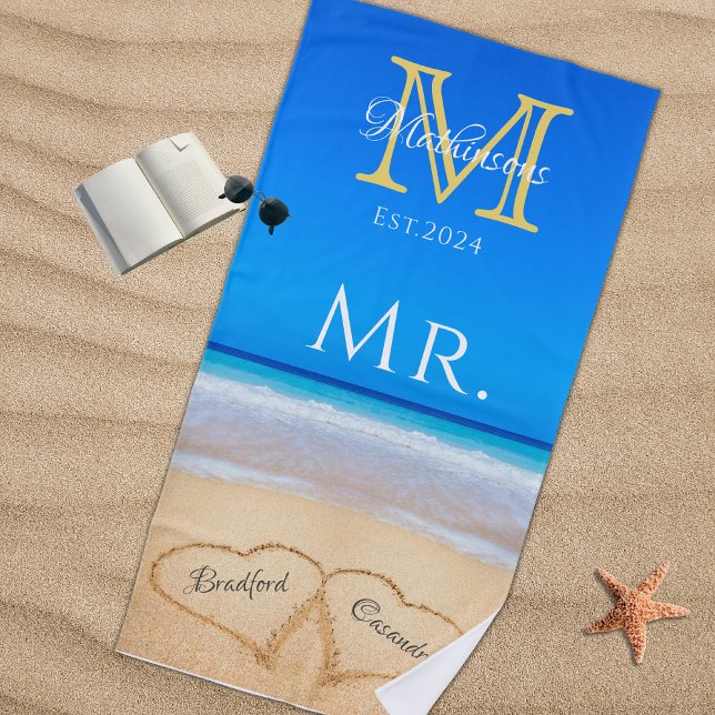 Mr. Beach Wedding Hearts in Sand Family Monogram B Towel (Creator Uploaded)