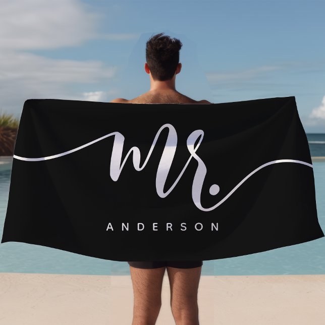 Mr Black And White Newlywed Groom Personalised Beach Towel (Creator Uploaded)