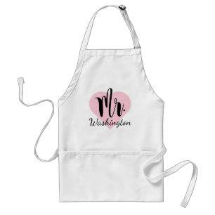 Mr. Black Script Monogram Pink Heart Wedding Standard Apron