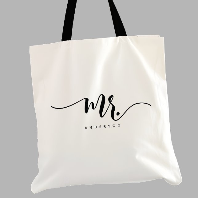 Mr Black White Newlywed Groom Script Personalised Tote Bag (Creator Uploaded)