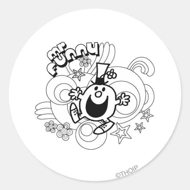 Mr. Funny | Black & White Swirls & Stars Classic Round Sticker (Front)