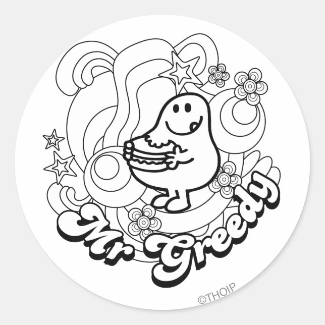 Mr. Greedy | Black & White Swirls & Stars Classic Round Sticker (Front)