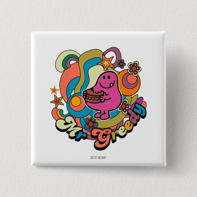 Mr. Greedy | Colourful Swirls & Stars 15 Cm Square Badge (Front)