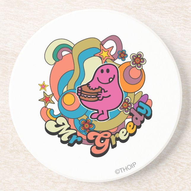 Mr. Greedy | Colourful Swirls & Stars Coaster (Front)