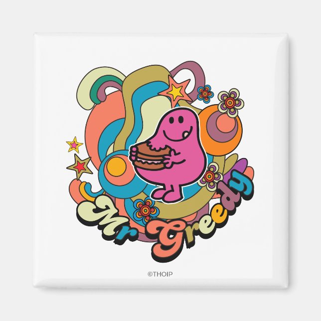 Mr. Greedy | Colourful Swirls & Stars Magnet (Front)