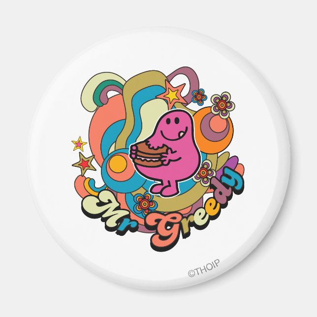 Mr. Greedy | Colourful Swirls & Stars Magnet (Front)