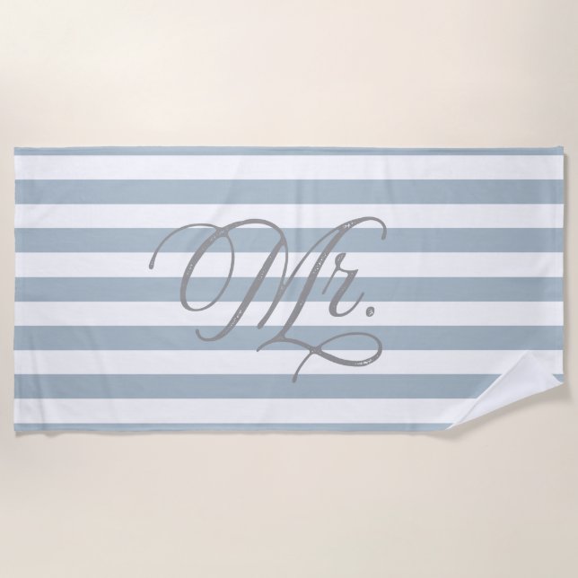 Mr | Groom Slate Blue Striped Beach Towel (Front)