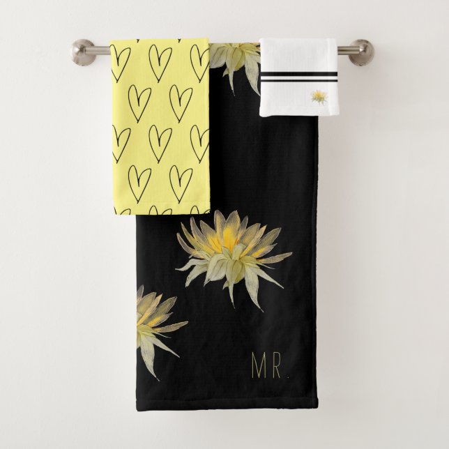 Mr. Groom Wedding Gift Sunflower Black and Yellow Bath Towel Set (Insitu)