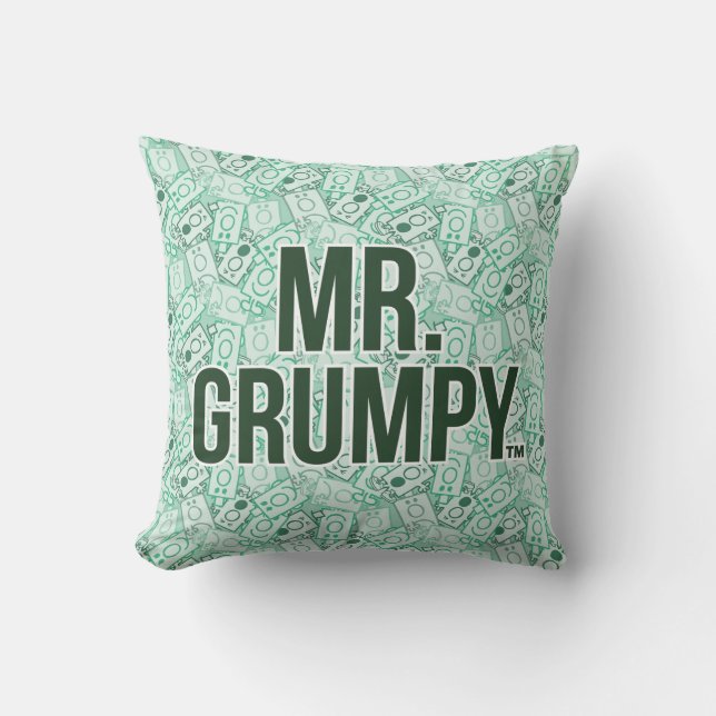Mr Grumpy | Green Name and Character Toss Pattern Cushion (Front)
