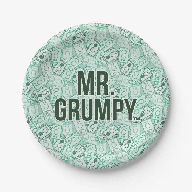 Mr Grumpy | Green Name and Character Toss Pattern Paper Plate (Front)
