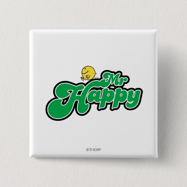 Mr. Happy Sliding Down Green Lettering 15 Cm Square Badge (Front)