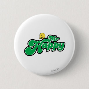 Mr. Happy Sliding Down Green Lettering 6 Cm Round Badge