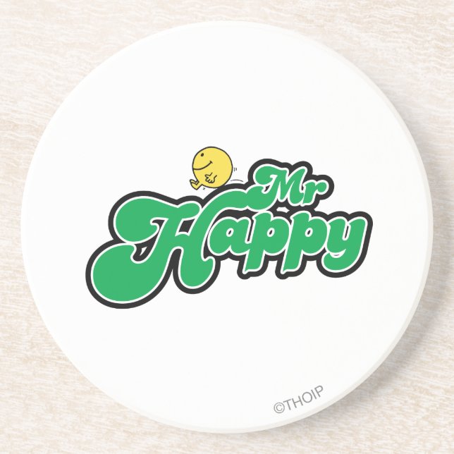 Mr. Happy Sliding Down Green Lettering Coaster (Front)
