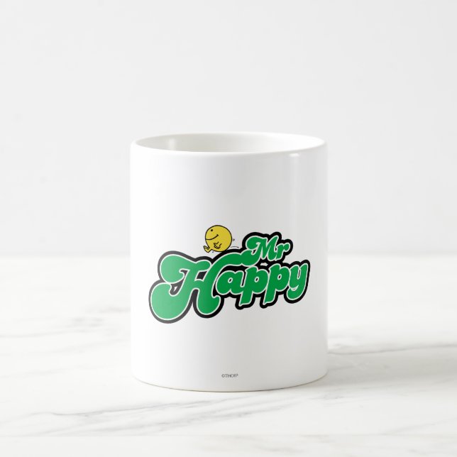 Mr. Happy Sliding Down Green Lettering Coffee Mug (Center)