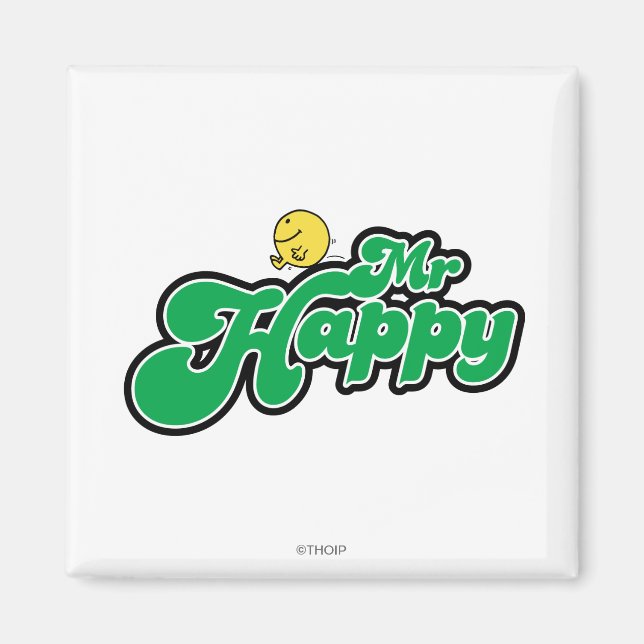 Mr. Happy Sliding Down Green Lettering Magnet (Front)