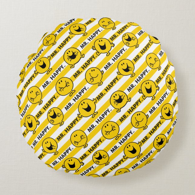 Mr Happy | Yellow Stripes Pattern Round Cushion (Front)