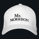 Mr. Last Name black white personalised custom Embroidered Hat<br><div class="desc">Chic Mr. Last Name black and white personalised custom name wedding Embroidered Baseball Cap.
Available in many colours and options.</div>