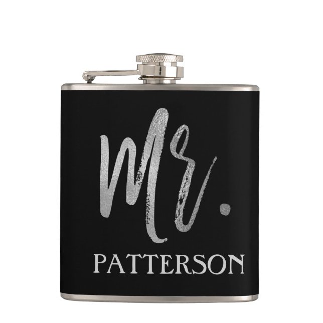 Mr. Last Name Flask with Silver Foil Typography (Front)