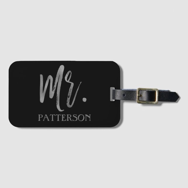 Mr. Last Name Silver Foil Luggage Bag Tag (Front Horizontal)
