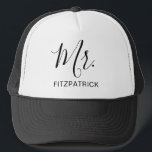 Mr Last Name Simple Husband Groom Newlywed Trucker Hat<br><div class="desc">Simple trucker hat with "Mr." in an elegant script along with your last name in black over a white background.  This modern trucker hat makes a great wedding gift for a groom to wear on his honeymoon.</div>