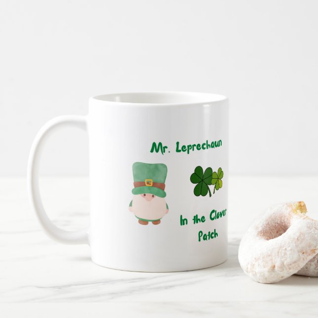 Mr. Leprechaun in the Clover Patch on a  Coffee Mug (With Donut)