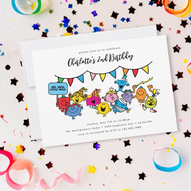 Mr. Men Little Miss Birthday Invitation (Invitation on simulated party table)