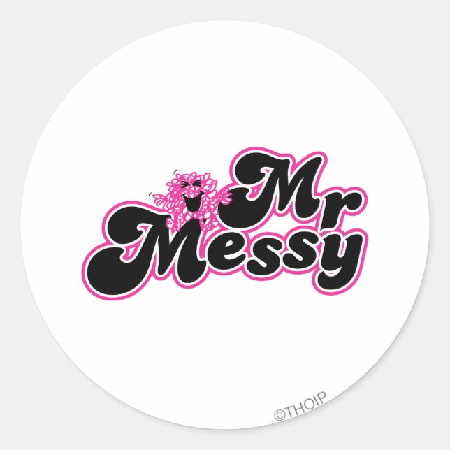 Mr. Messy | Large Black & Pink Letters Classic Round Sticker (Front)