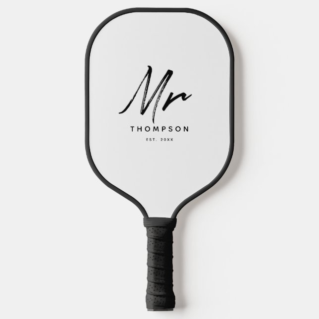 Mr. Modern Black White Minimalist Script   Pickleball Paddle (Front)