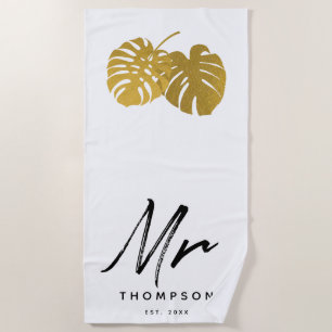 Mr. Modern Gold Monstera Tropical Leaves Script Be Beach Towel