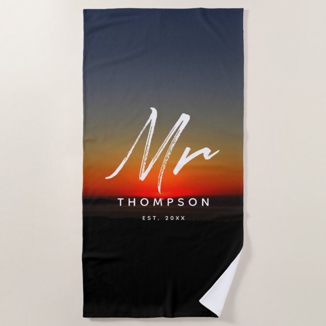 Mr. Modern Sunset in Water Minimalist Script  Beach Towel (Front)