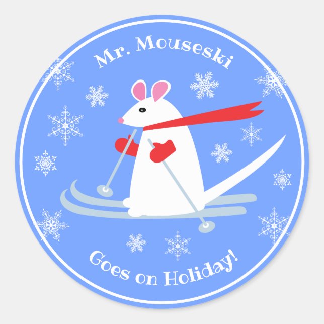 Mr. Mouski Goes on Holiday White Mouse on Skis Classic Round Sticker (Front)