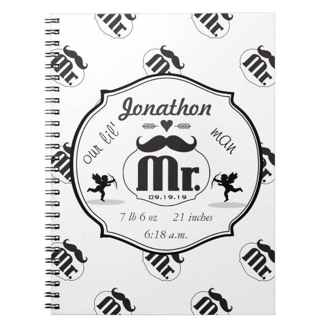 Mr. Moustache Lil Man Baby Boy Stats Notebook (Front)