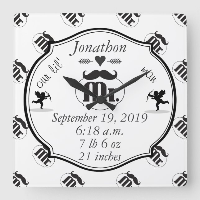 Mr. Moustache Lil Man Baby Boy Stats Square Wall Clock (Front)