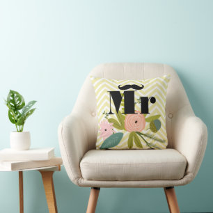 Mr Moustache Pale Yellow White Teal Zig Zag Cushion