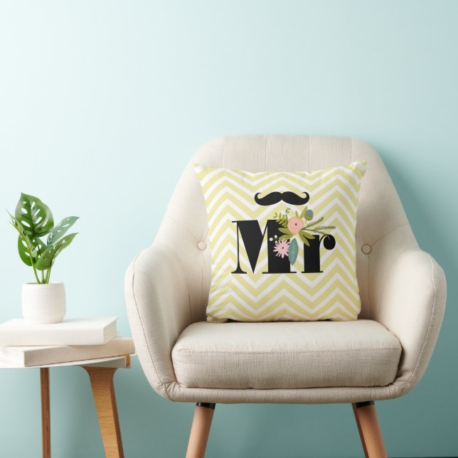 Mr Moustache Pale Yellow White Teal Zig Zag Cushion (Chair)