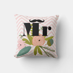 Mr Moustache Pale Yellow White Teal Zig Zag Cushion