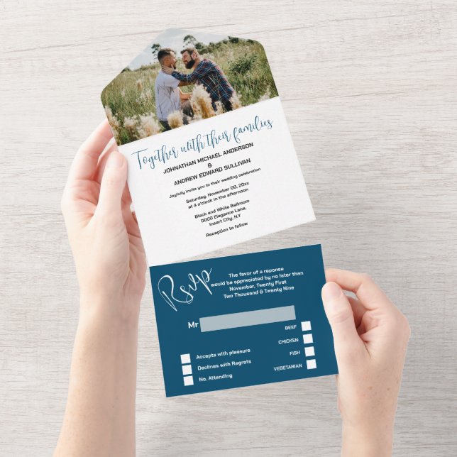 Mr & Mr blue white simple elegant PHOTO wedding All In One Invitation (Tearaway)