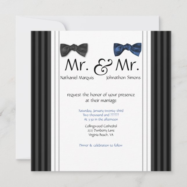 Mr. & Mr. Bow Ties & Pin Striped Wedding Invite (Front)