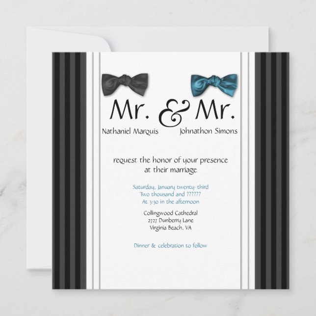 Mr. & Mr. Bow Ties & Pin Striped Wedding Invite (Front)