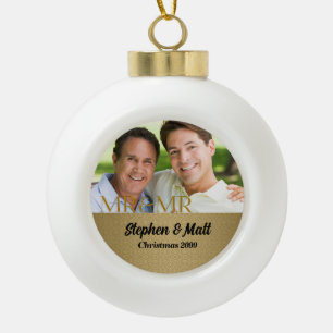 Mr. & Mr. Gay Marriage   Christmas Photo   Gold Ceramic Ball Christmas Ornament