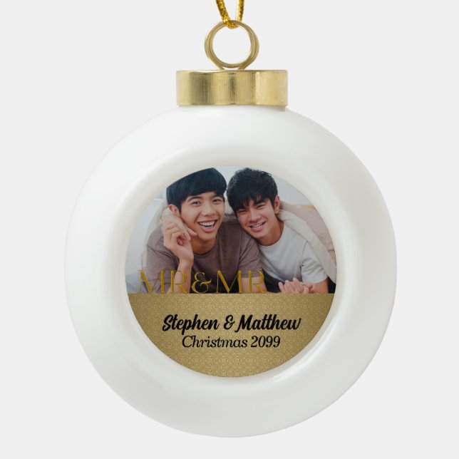 Mr & Mr Gay Marriage Gold Damask Photo Ceramic Ball Christmas Ornament (Front)