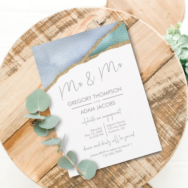 Mr Mr Modern Watercolor Gold Glitter Engagement Invitation (Creator Uploaded)