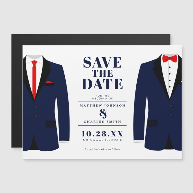 Mr. & Mr. Modern Wedding Navy Tux - Save the Date Magnetic Invitation (Front/Back)