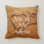 Mr. & Mr. name two hearts in sand gay wedding Cushion<br><div class="desc">Modern elegant,  Mr. and Mr. .Two hearts in sand,  custom name,  Gay Wedding Beach pillow.
You can personalise it and add your own text and name.</div>