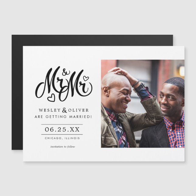 Mr. & Mr. Script - Save the Date with Photo Magnetic Invitation (Front/Back)