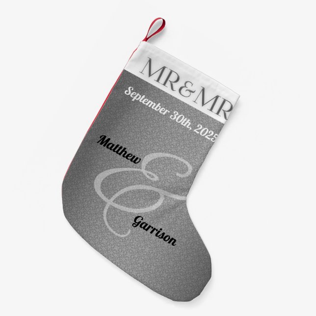 Mr & Mr Silver Damask Gay Wedding with Names Small Christmas Stocking (Front (Hanging))
