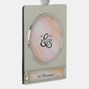 Mr. & Mrs 1st Christmas Banner Pink Watercolor  Silver Plated Banner Ornament