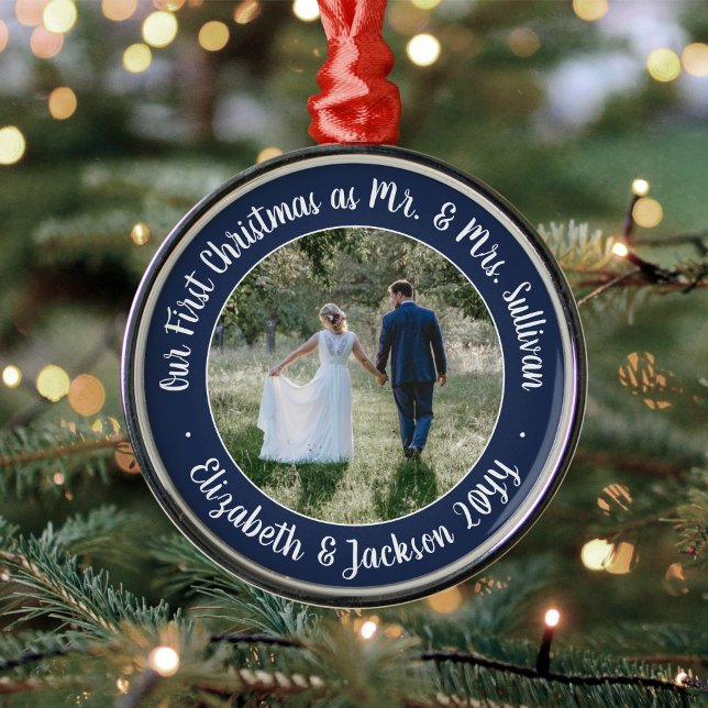 Mr & Mrs 1st Christmas Photo Script Navy and White Metal Ornament (Creator Uploaded)