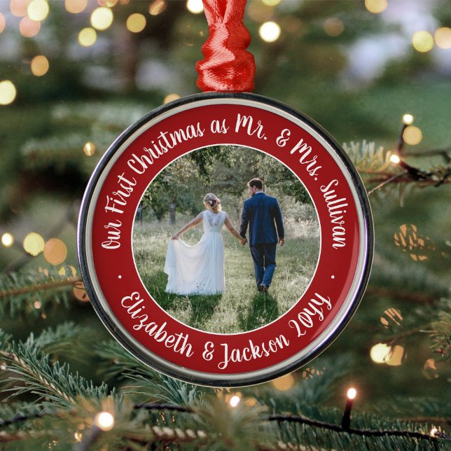 Mr & Mrs 1st Christmas Photo Script Red and White Metal Ornament (Creator Uploaded)