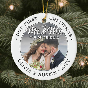 Mr & Mrs 2 Photo Newlyweds 1st Xmas Black & White Ceramic Ornament